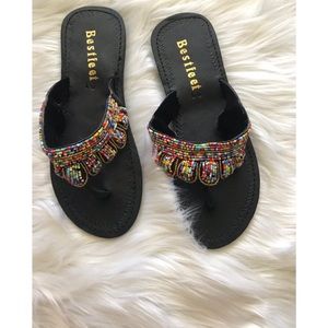 BNWOB black leather and beaded thong sandals